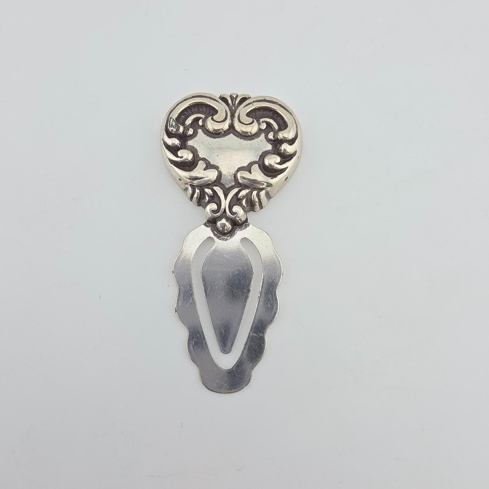 BRIGHTON Heart Bookmark Page Marker Clip Puffy Scrollwork Silver Plate 2.5"